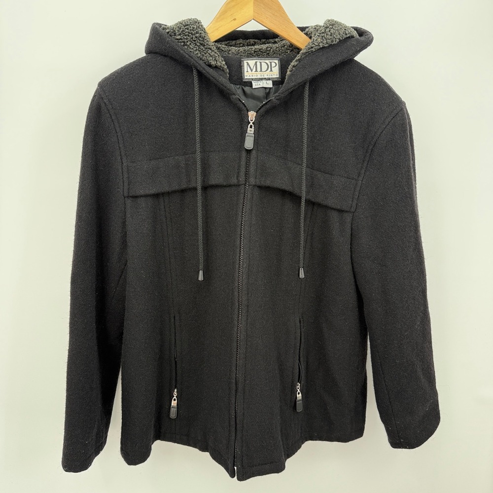 MDP Mario De Pinto Wool Blend Hooded Jacket Womens Sz L Black USA Grunge Utility